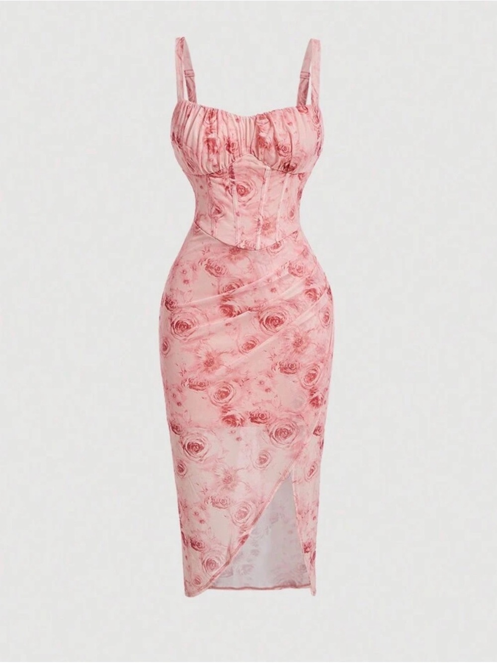 SHEIN | Pink Floral Print Empire Waist Asymmetrical Hem dress size L